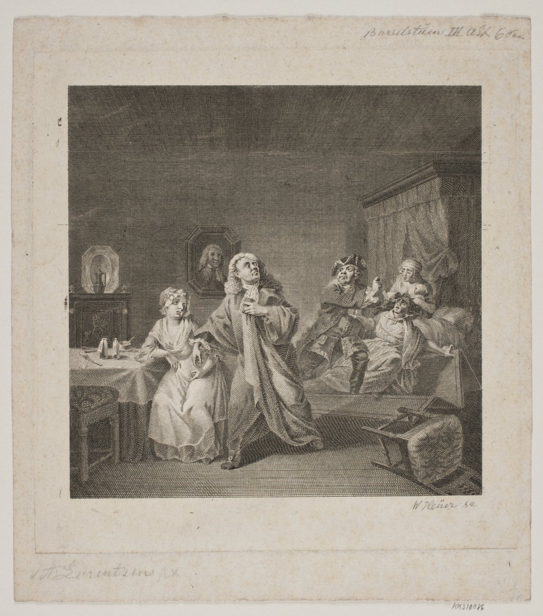 La sala de maternidad, acto III, escena 6. Grabado después de la galería de Holberg de Lorenzen de WIlhelm Heuer