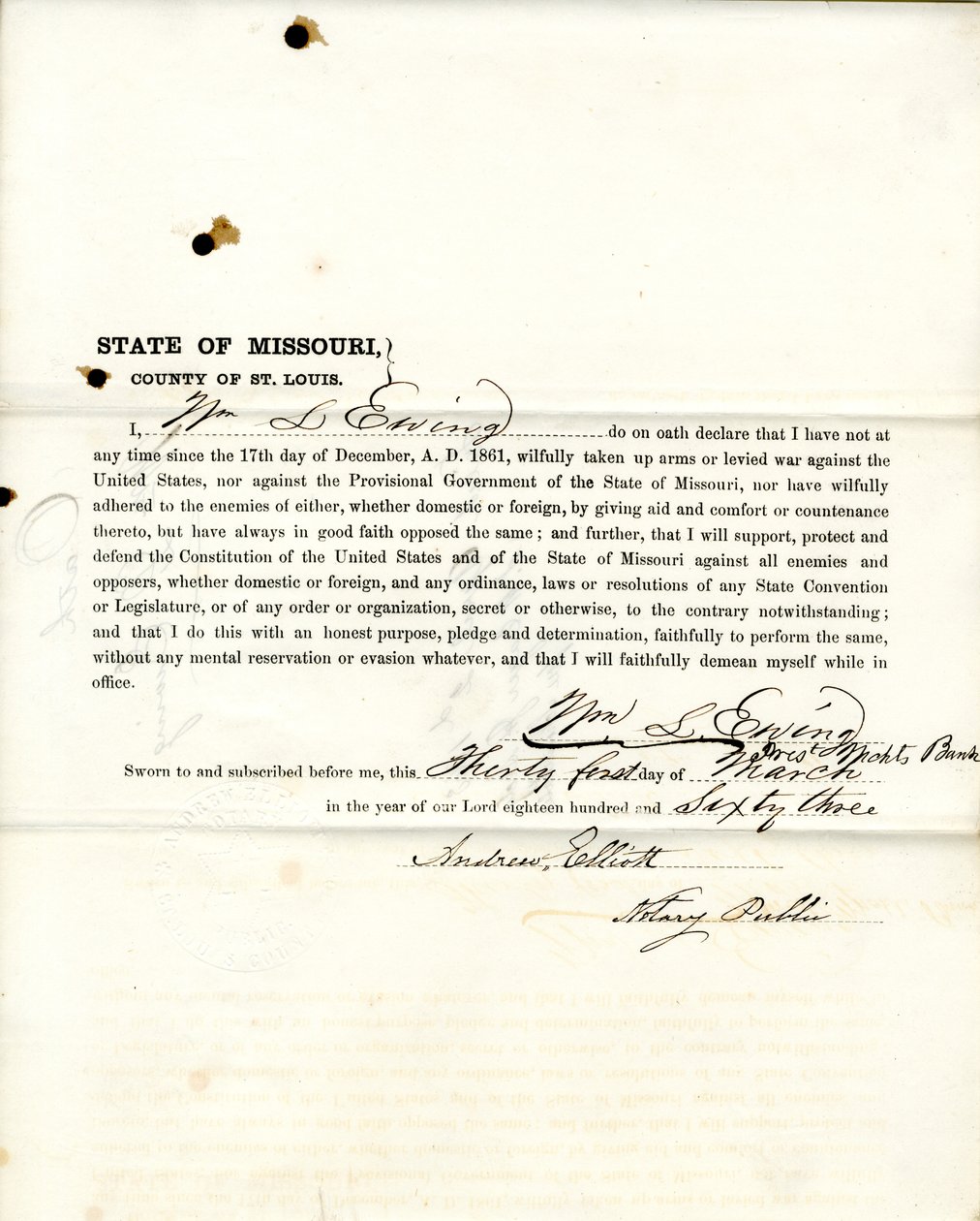 Juramento de lealtad de Wm. L. Ewing de Missouri, Condado de St. Louis de W.L. Ewing