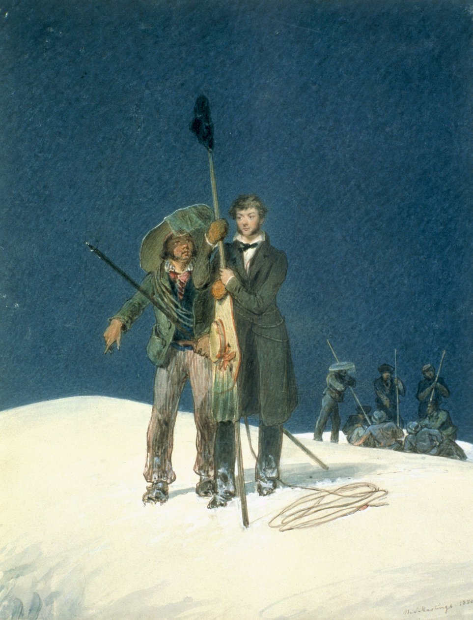 Charles Fellows con William Hawes, Planta un Bastón en la Cima, incluido como inserto en A Narrative of an Ascent to the Summit of Mont Blanc por Charles Fellows (1799-1860), publicado 1827 de W.S. Hastings