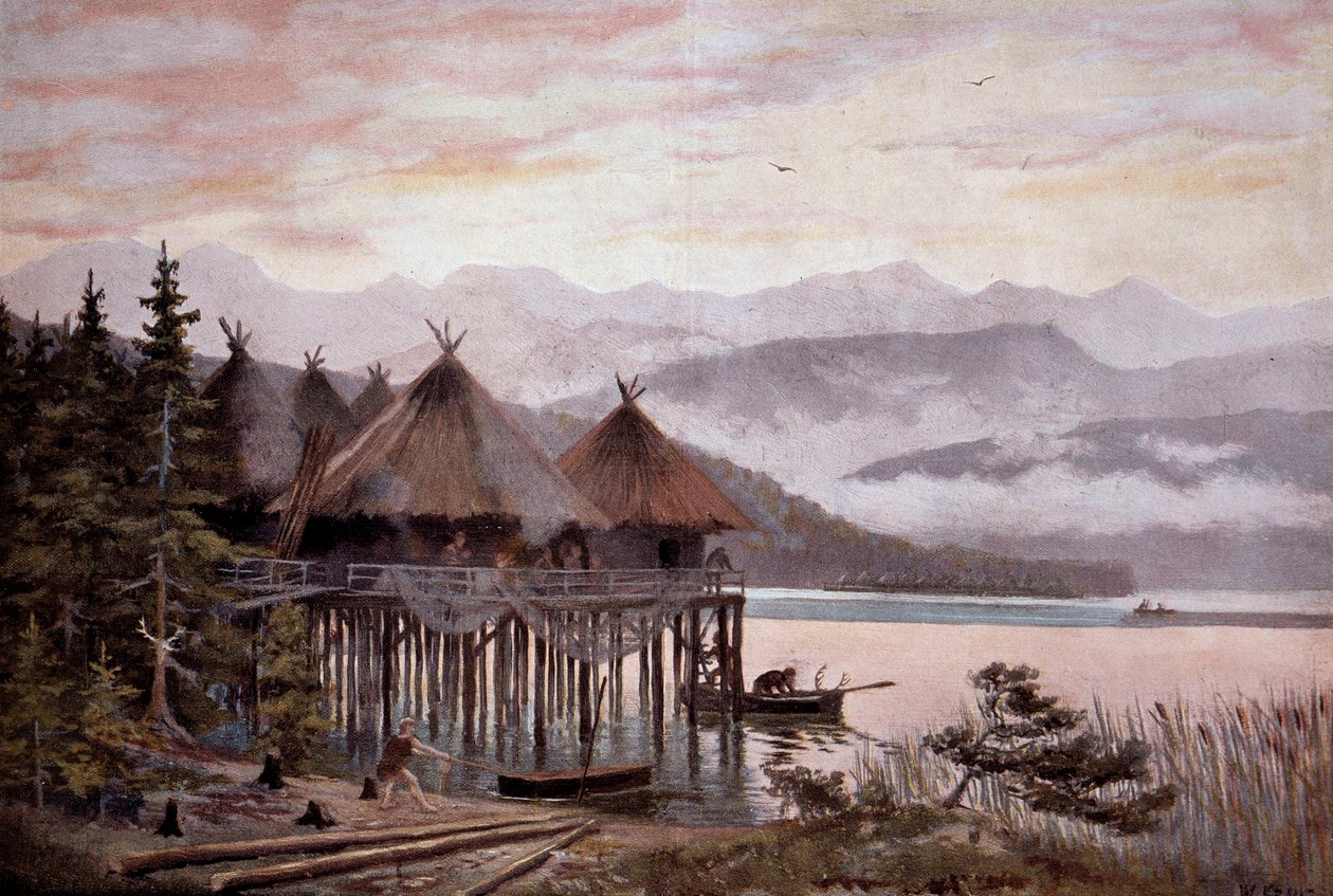 Prehistoria: pueblo construido sobre pilotes en las orillas del lago de Zúrich en la Edad de Piedra. Pueblo lacustre, ciudad lacustre prehistórica. De una pintura de W. Kranz siglo XX de W. (after) Kranz