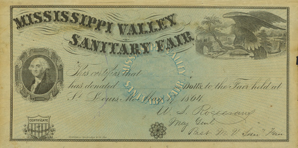 Certificado ilustrado en blanco de contribución para donaciones hechas en la Feria Sanitaria del Valle del Mississippi, 7 de mayo de 1864 de W. A. Rosecrans
