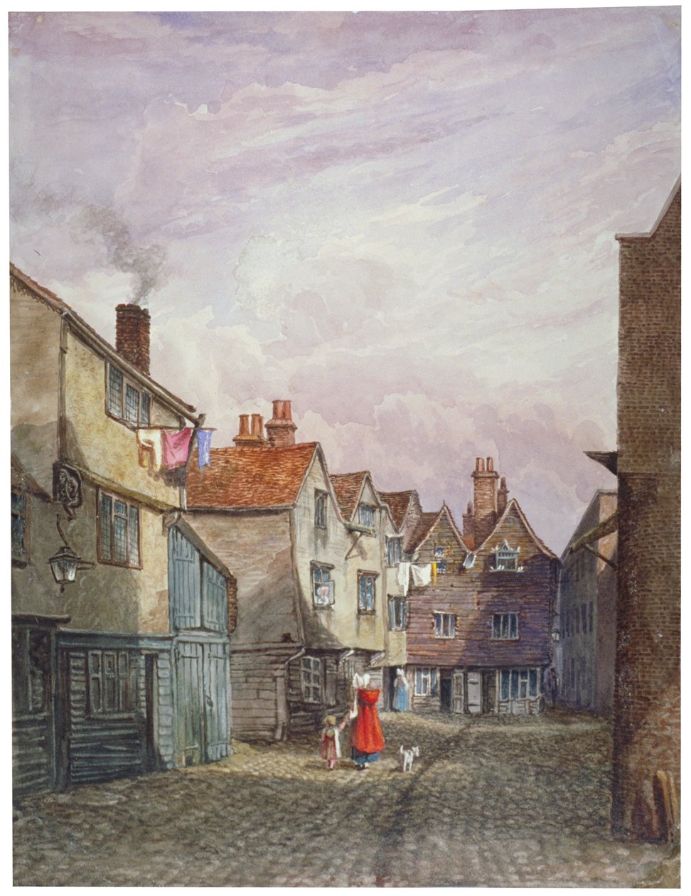 Vista de una mujer y un niño caminando por Crown Court, Bermondsey, Londres, c. 1825 de W Barker
