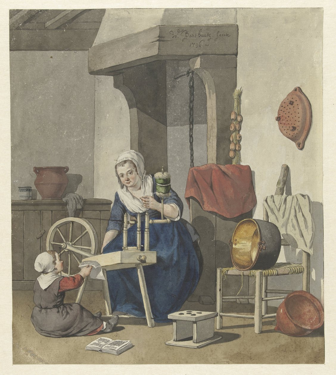 Interior con una mujer girando con un niño de W. Barthautz