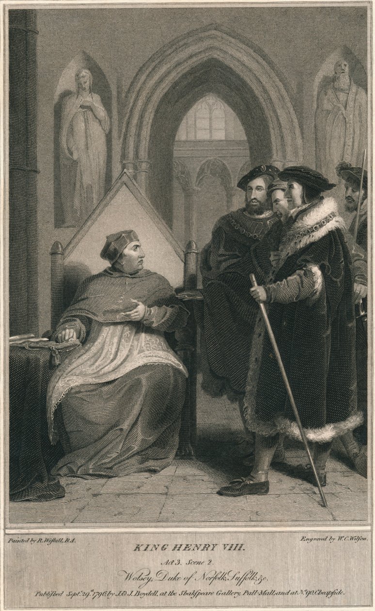 Rey Enrique VIII. Acto 3. Escena 2. Wolsey, Duque de Norfolk, Suffolk & c, 1796 de W. C. Wilson