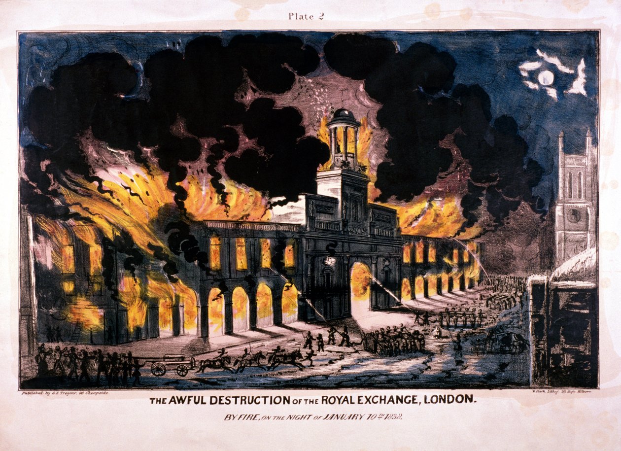 La terrible destrucción de la Bolsa Real, segundo incendio, Londres, 1838 de W Clerk