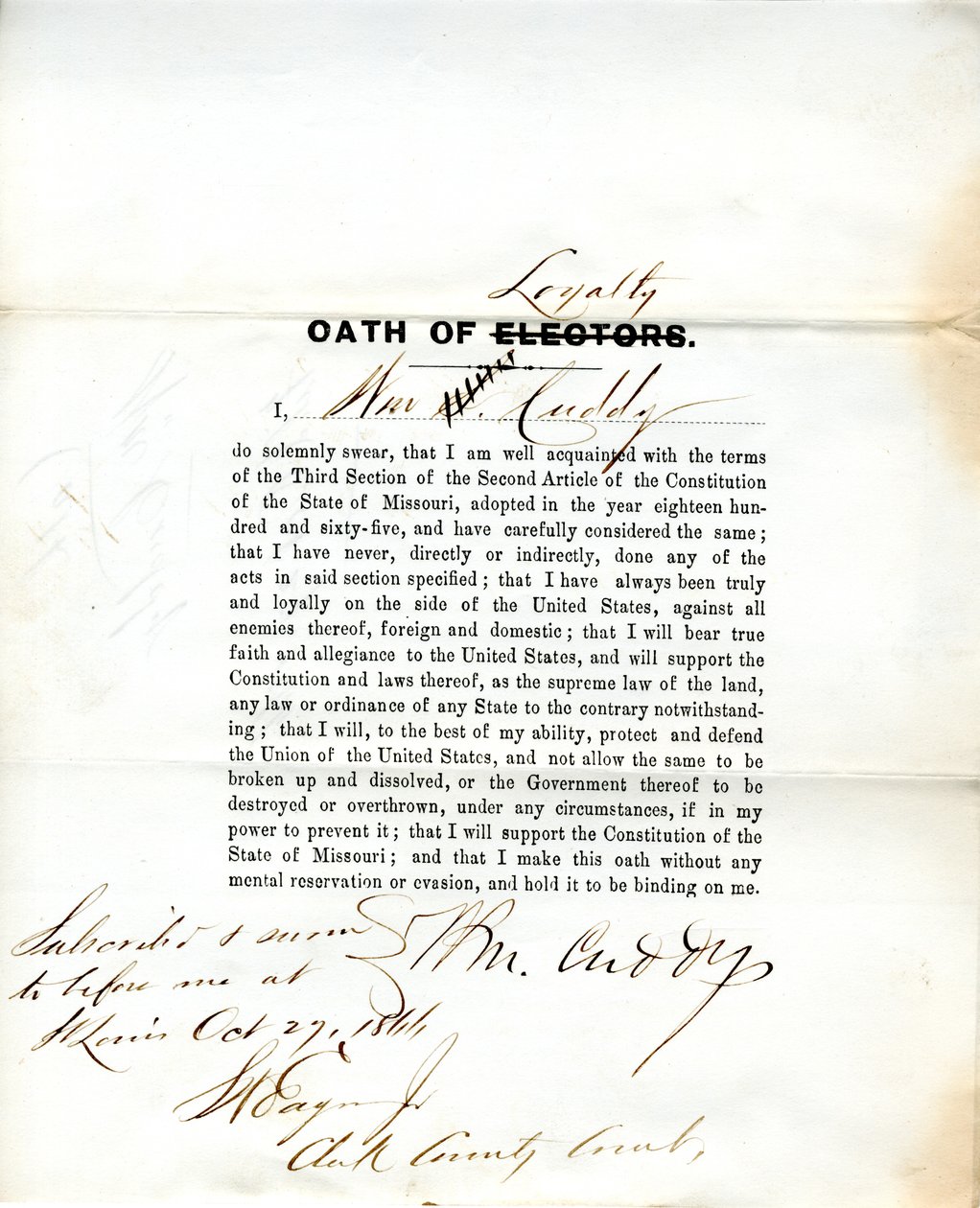 Juramento de lealtad de Wm. Cuddy de Missouri, Condado de St. Louis de W. Cuddy