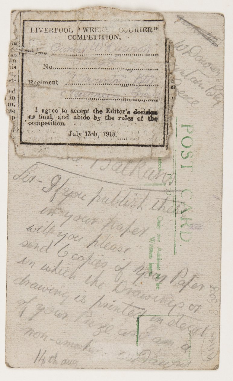 Postal al editor del Liverpool Weekly Courier, 14 de agosto de 1918 de W. Dawson