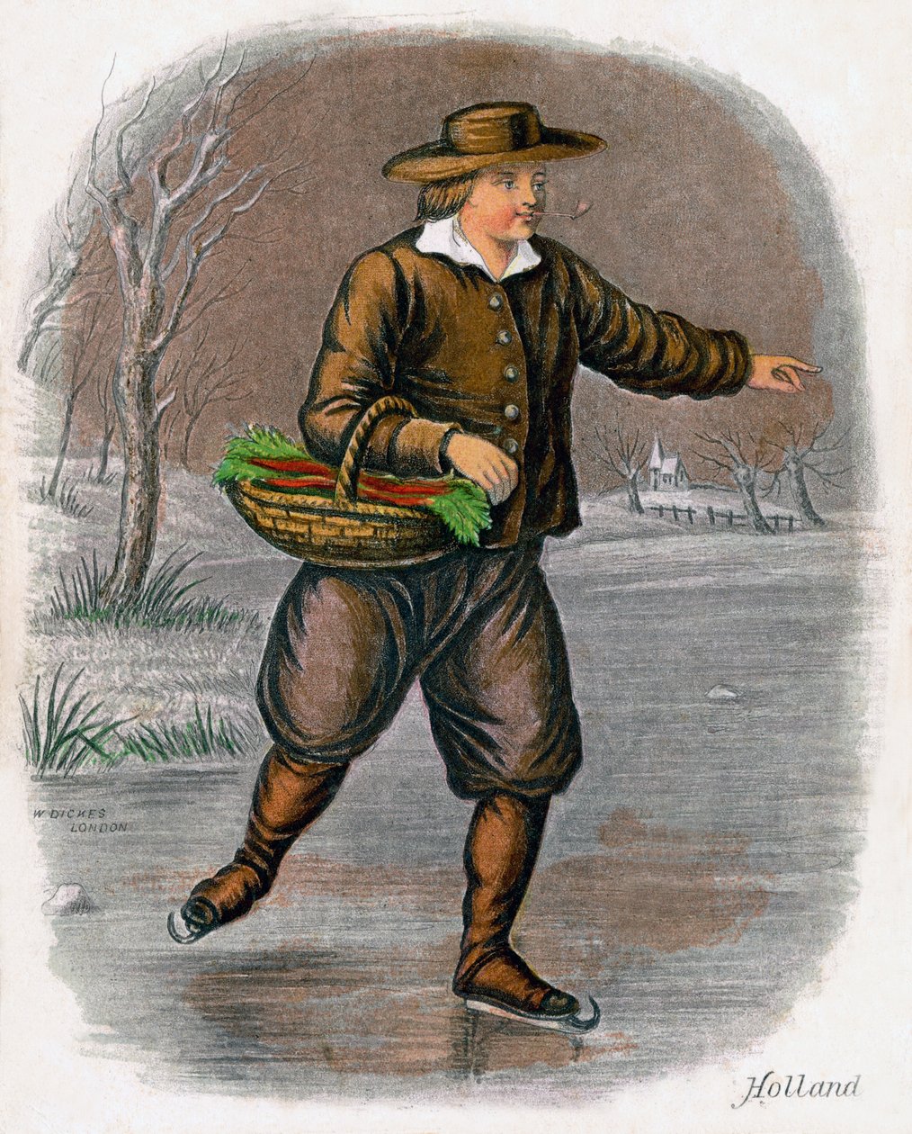 Hombre holandés patinando con una cesta de vegetales, 1809 de W. Dickes