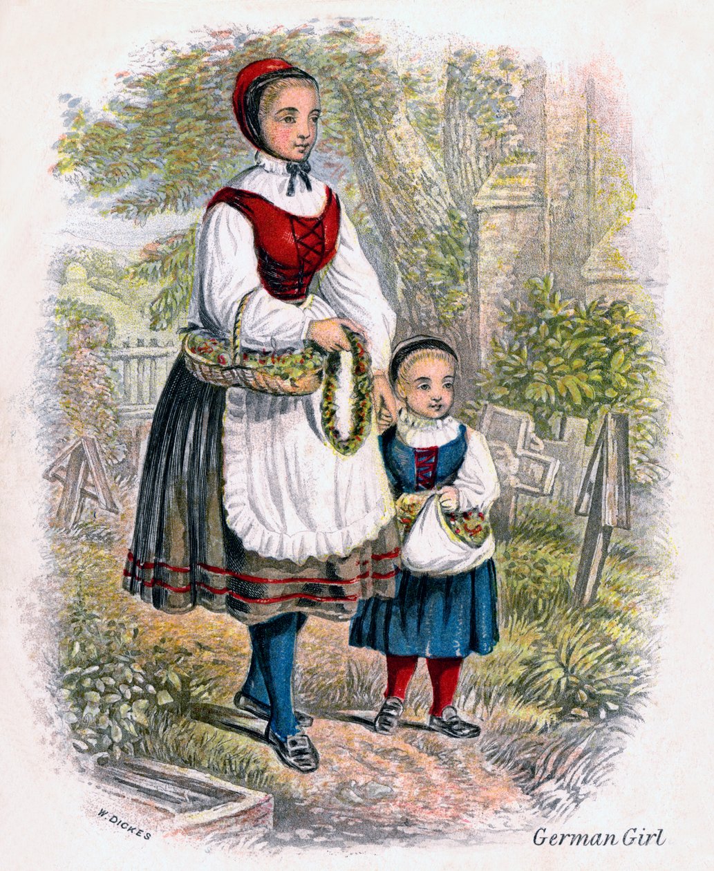 Dos chicas alemanas con cestas de flores de W. Dickes