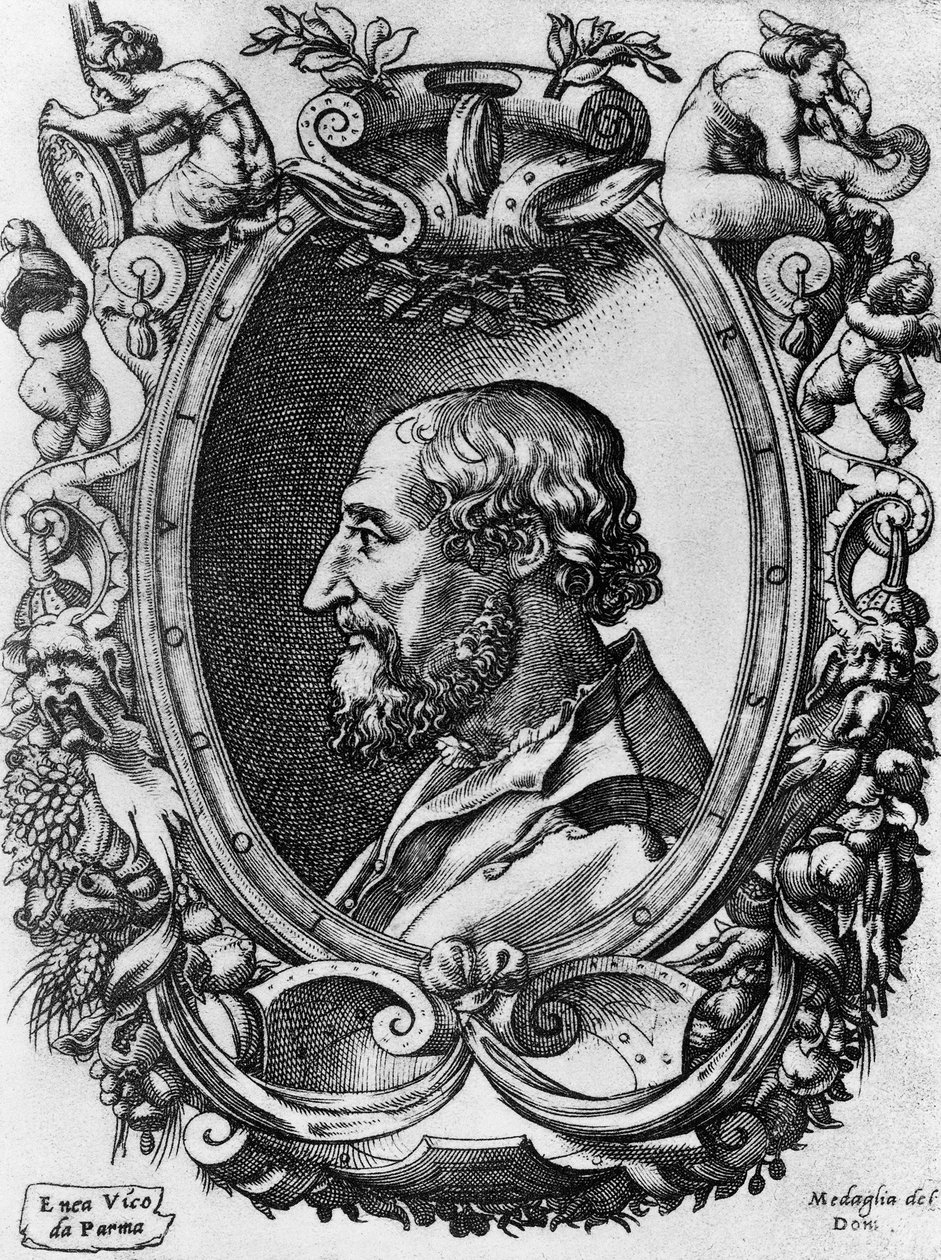Retrato de Ludovico Ariosto (1474-1533), poeta y dramaturgo italiano, Medaglie del Doni, grabado por Enea Vico (1523-1567) de John Ward Dunsmore