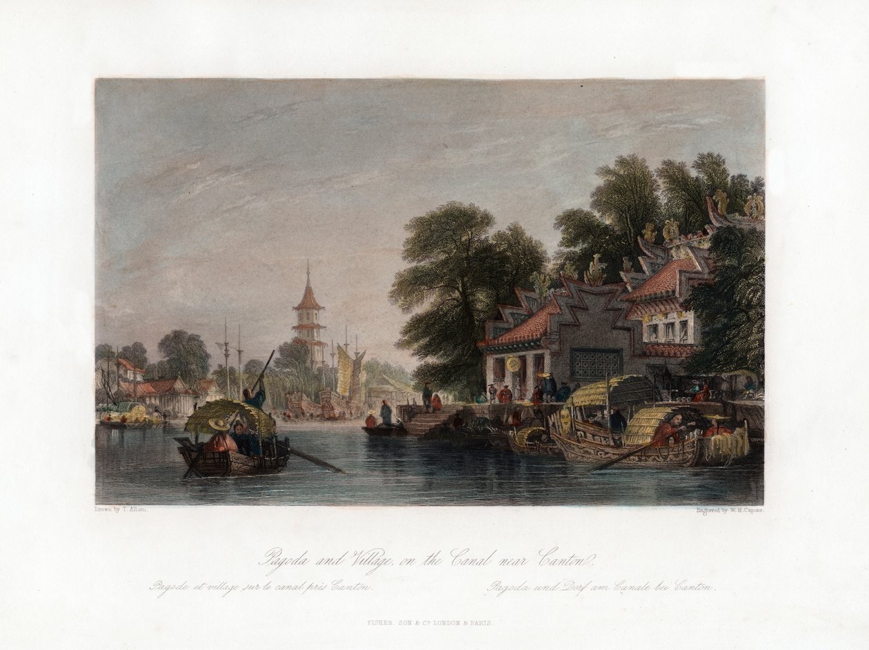 Pagoda y aldea, en el canal cerca de Cantón, China de W. H. Capone