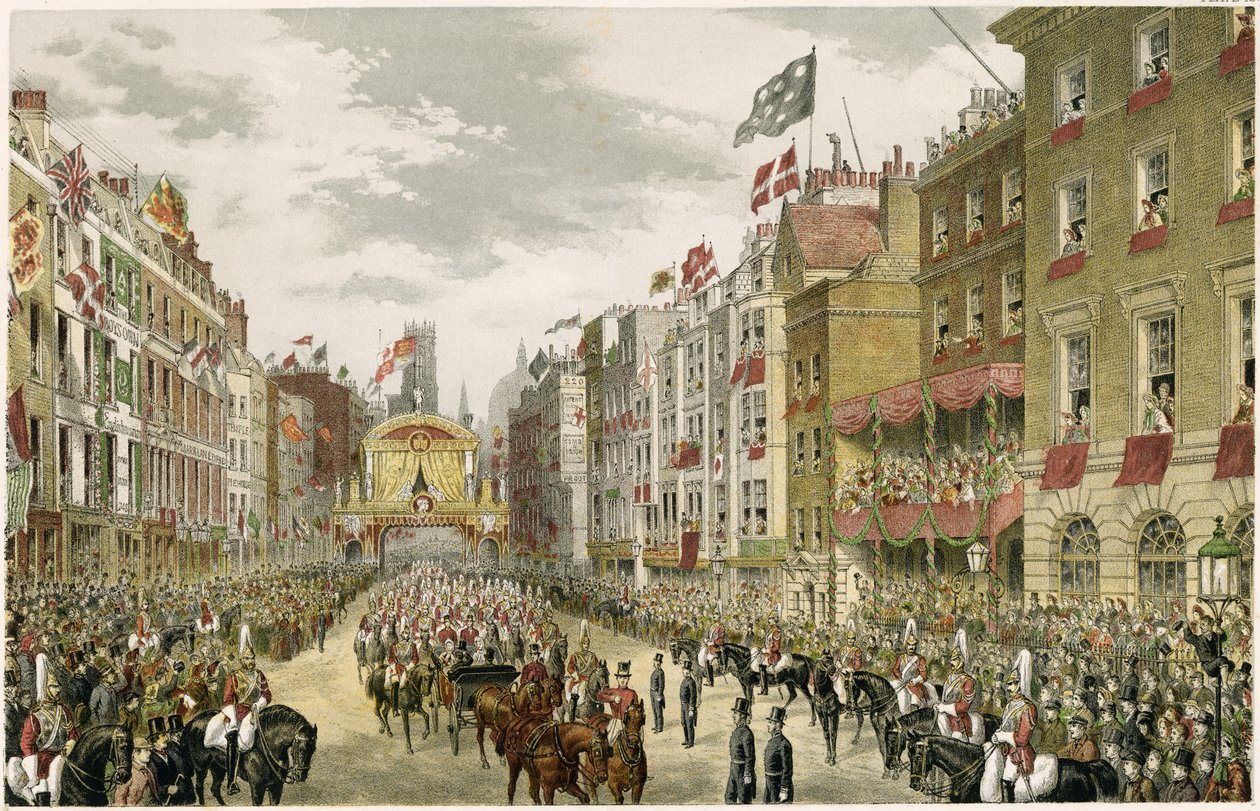 Procesión en el Strand, Temple Bar, Strand, Londres, Reino Unido (grabado en color) de W. H. Russell