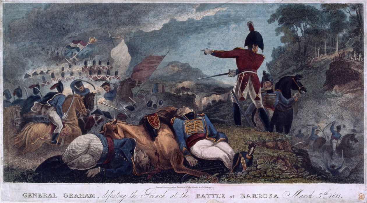 El General Graham derrotando a los franceses en la Batalla de Barrosa, grabado por J. Edwards, publicado por Almanack Stationers, 1812 de W. Hal Brooke