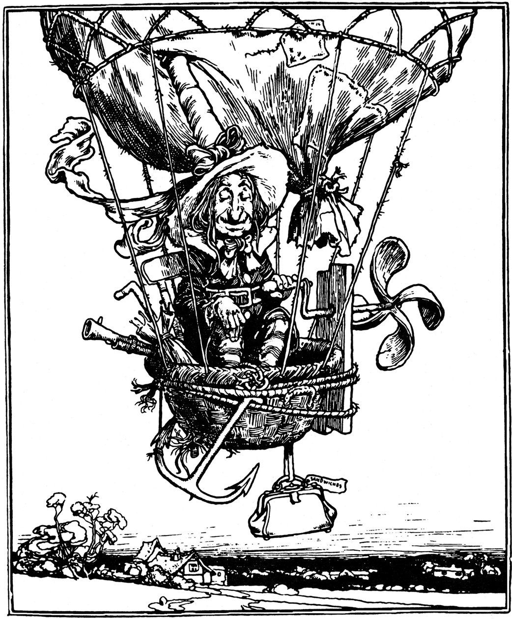 Ilustración del libro infantil Las aventuras del tío Lubin de William Heath Robinson