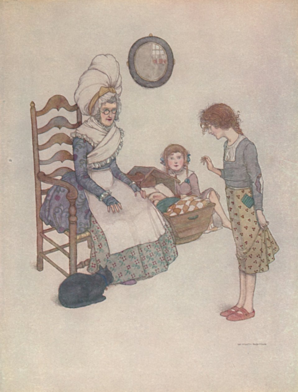 Un día se sentó y con algunos pedazos de tela roja hizo un par de pequeños zapatos, c1930 de William Heath Robinson