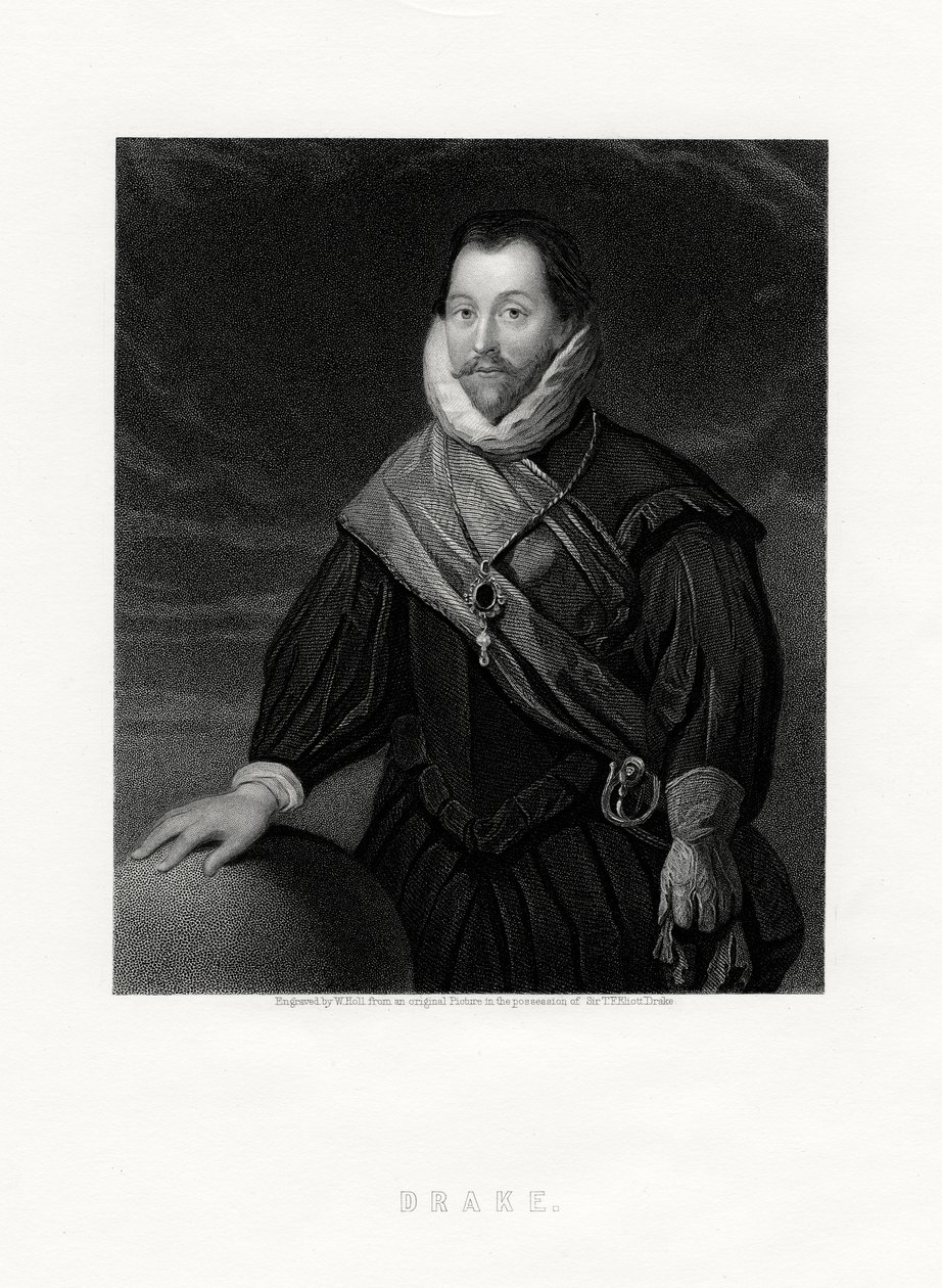 Sir Francis Drake, corsario inglés, navegante, pionero naval, político, siglo XIX de W. Holl