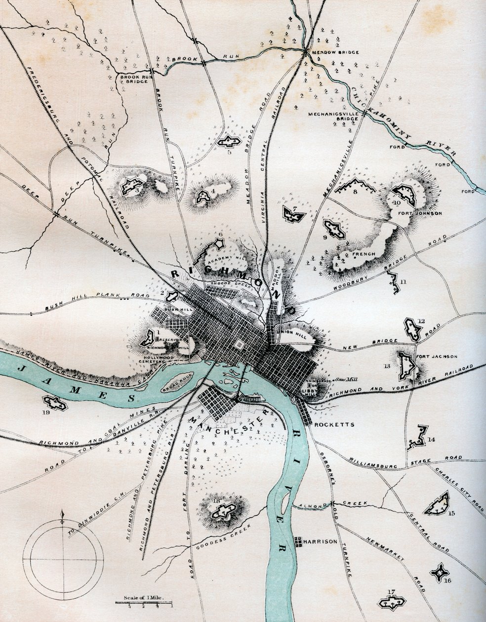 Un mapa de Richmond y sus alrededores mostrando todas las baterías, 1862-1867 de W Kemble