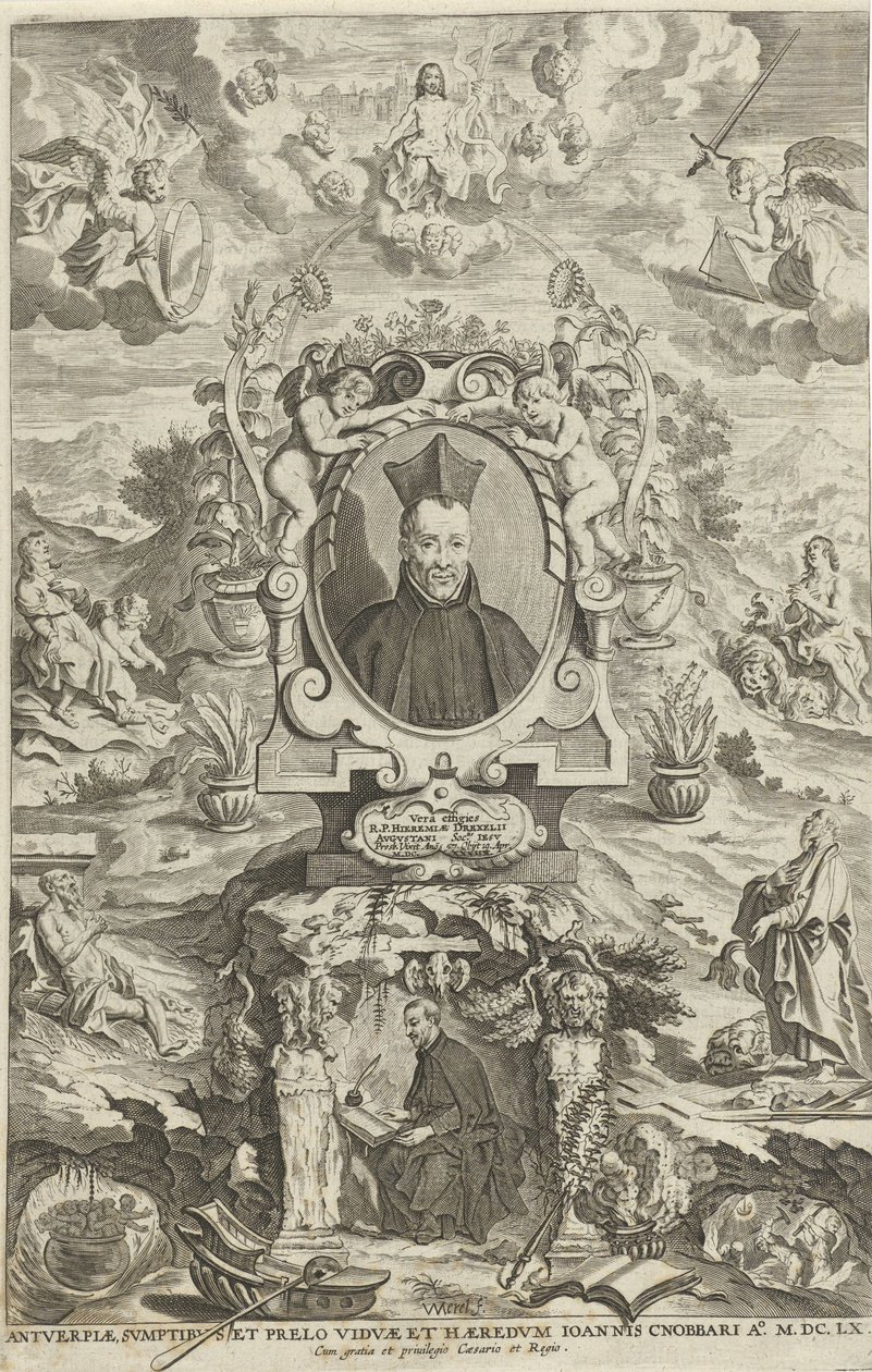 Retrato de Jeremías Drexel Página de título para: JE. Drexel, De sonne-bloeme oft Vande over-a-cominge van den menscheliicken wille met de[n] godtliicke[n], 1660 de W Merel van