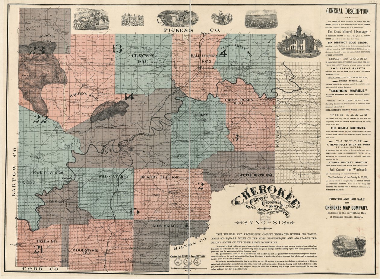 En inglés:  Muestra los números de lote/bloque y los nombres de los residentes. Aprobado como el único mapa oficial del condado de Cherokee. Dos hojas unidas para formar una, montadas sobre tela. LC Mapas de propiedad de tierras, 87 Incluye texto e ilustra de W. P. Bullock
