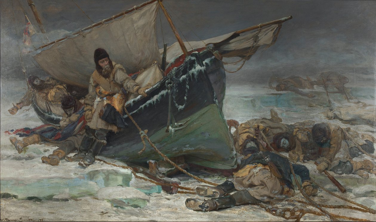 Sir John Franklin muriendo junto a su barco durante la expedición al Paso del Noroeste de los HMS "Erebus" y "Terror". de W. Thomas Smith