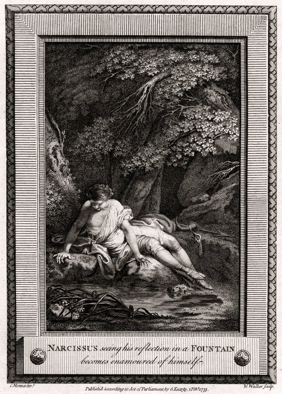 Narciso viendo su reflejo en una fuente se enamora de sí mismo, 1775 de W. Walker