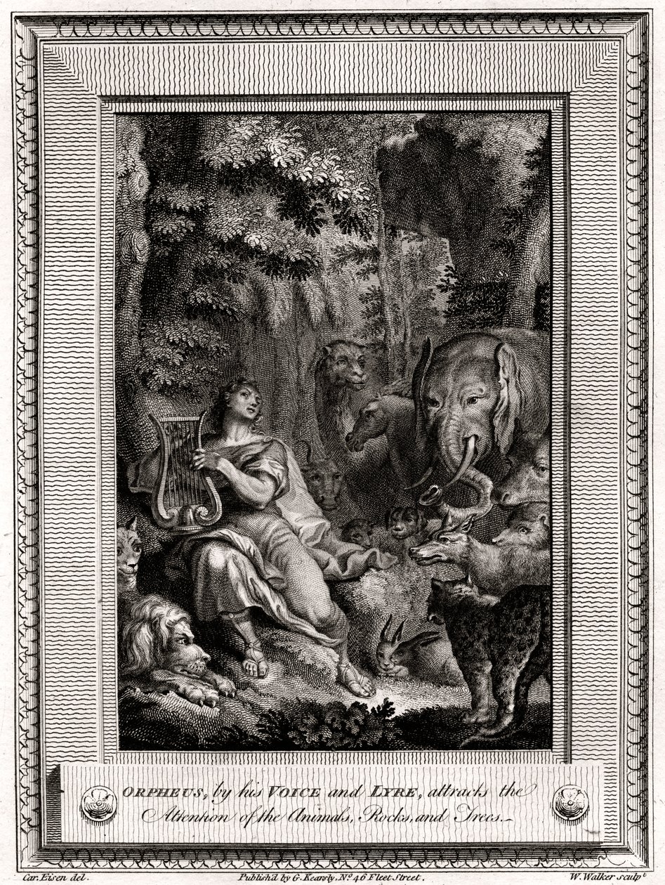 Orfeo, con su voz y lira, atrae la atención de los animales, rocas y árboles, 1774 de W. Walker