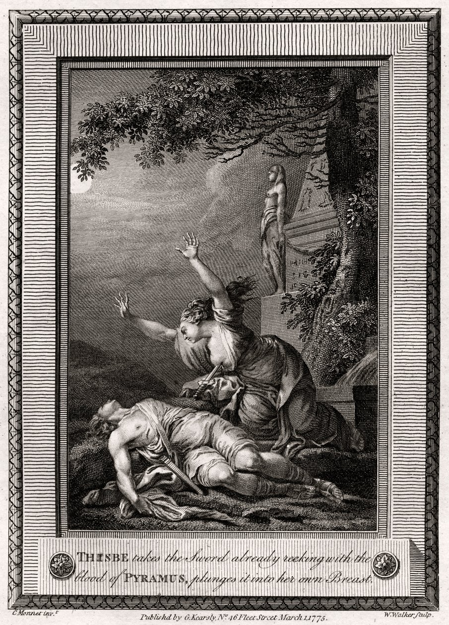 Tisbe toma la espada ya empapada con la sangre de Píramo, la hunde..., 1775 de W. Walker