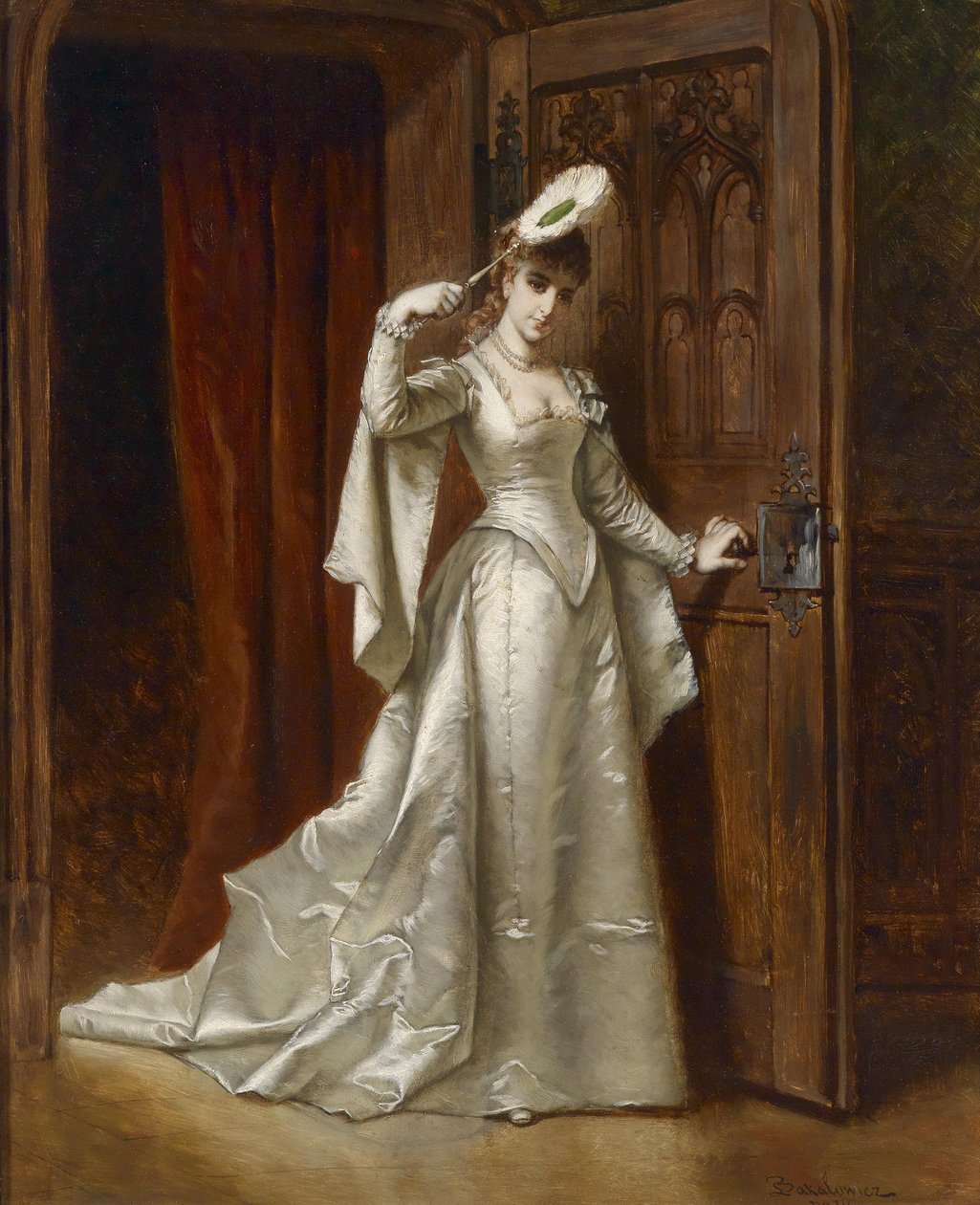 Dama elegante en vestido de damasco blanco de Władysław Bakałowicz