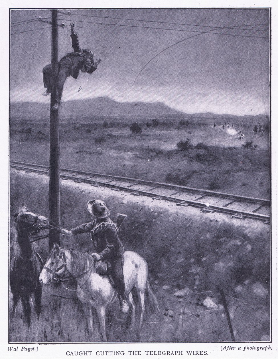 Atrapado cortando los cables (ilustración de After Pretoria: The Guerilla War, 1902) de Wal Paget