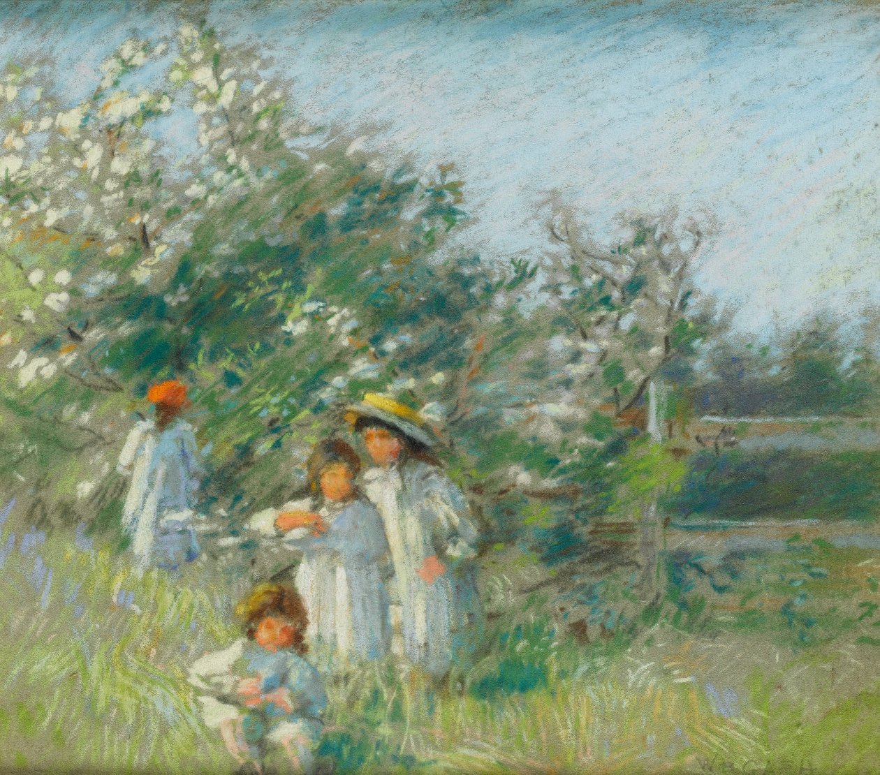 Niños junto a un árbol de flores de mayo de Walter Bonner Gash