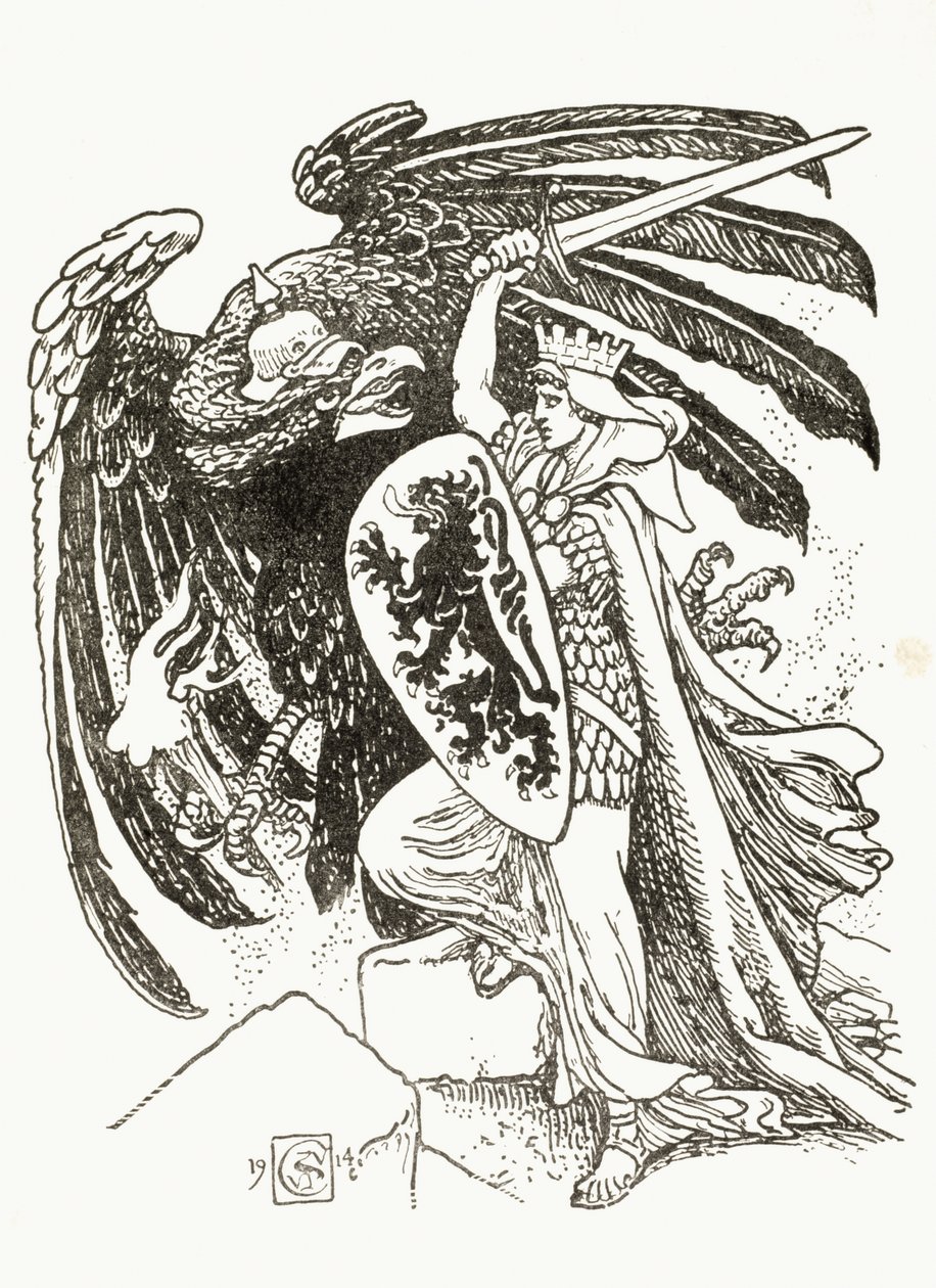 Un guerrero belga luchando con un águila alemana, 1915 de Walter Crane