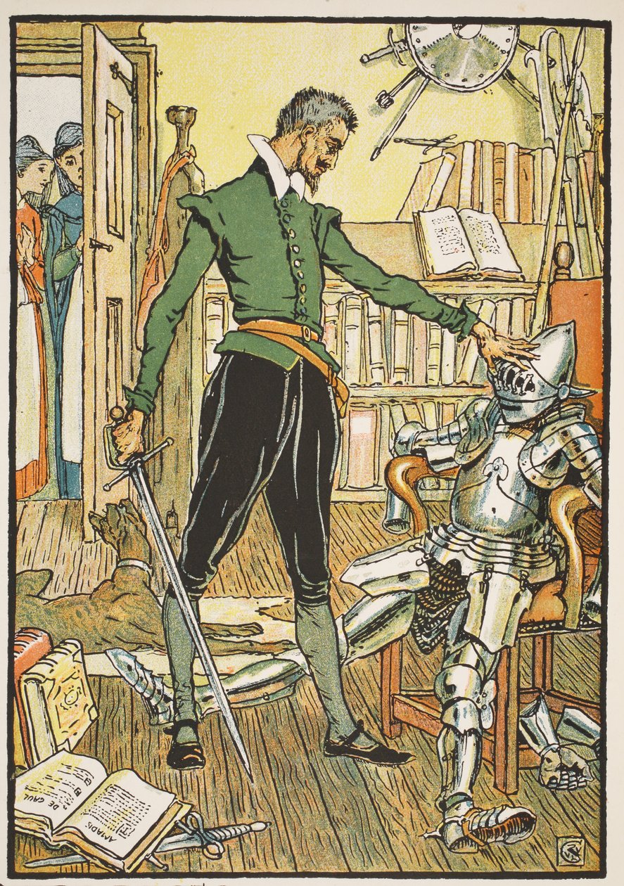Don Quijote probando su casco, ilustración de 