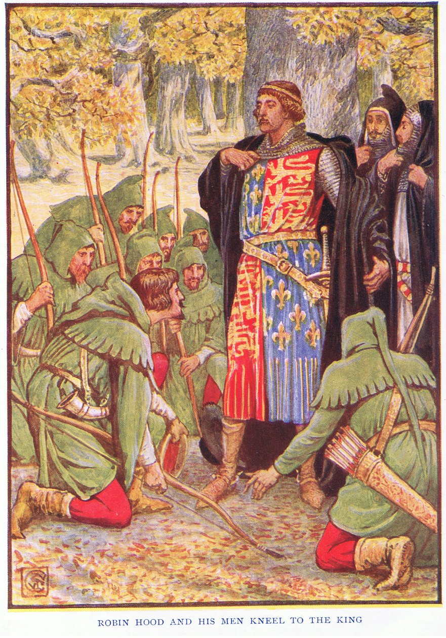 Robin y sus hombres arrodillados ante el rey, c.1920 de Walter Crane