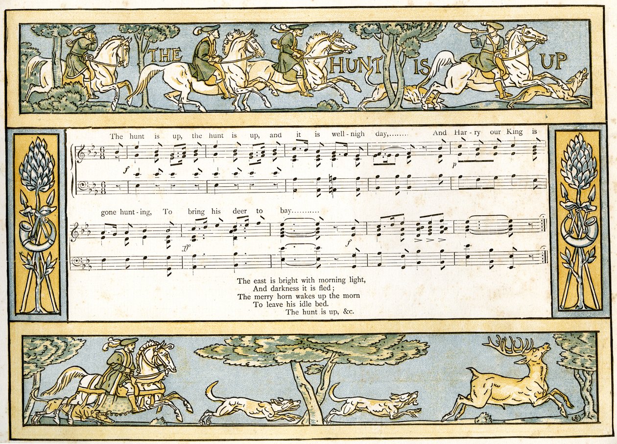 La caza ha comenzado y ya casi es de día y Harry nuestro rey ha ido a cazar, ilustración de canción de 