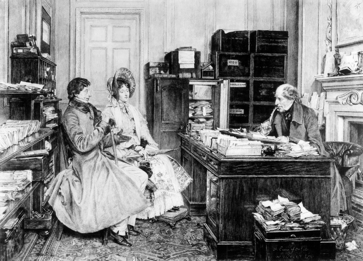 En la oficina del abogado, grabado por James Dobie (n.1849) de Walter Dendy Sadler