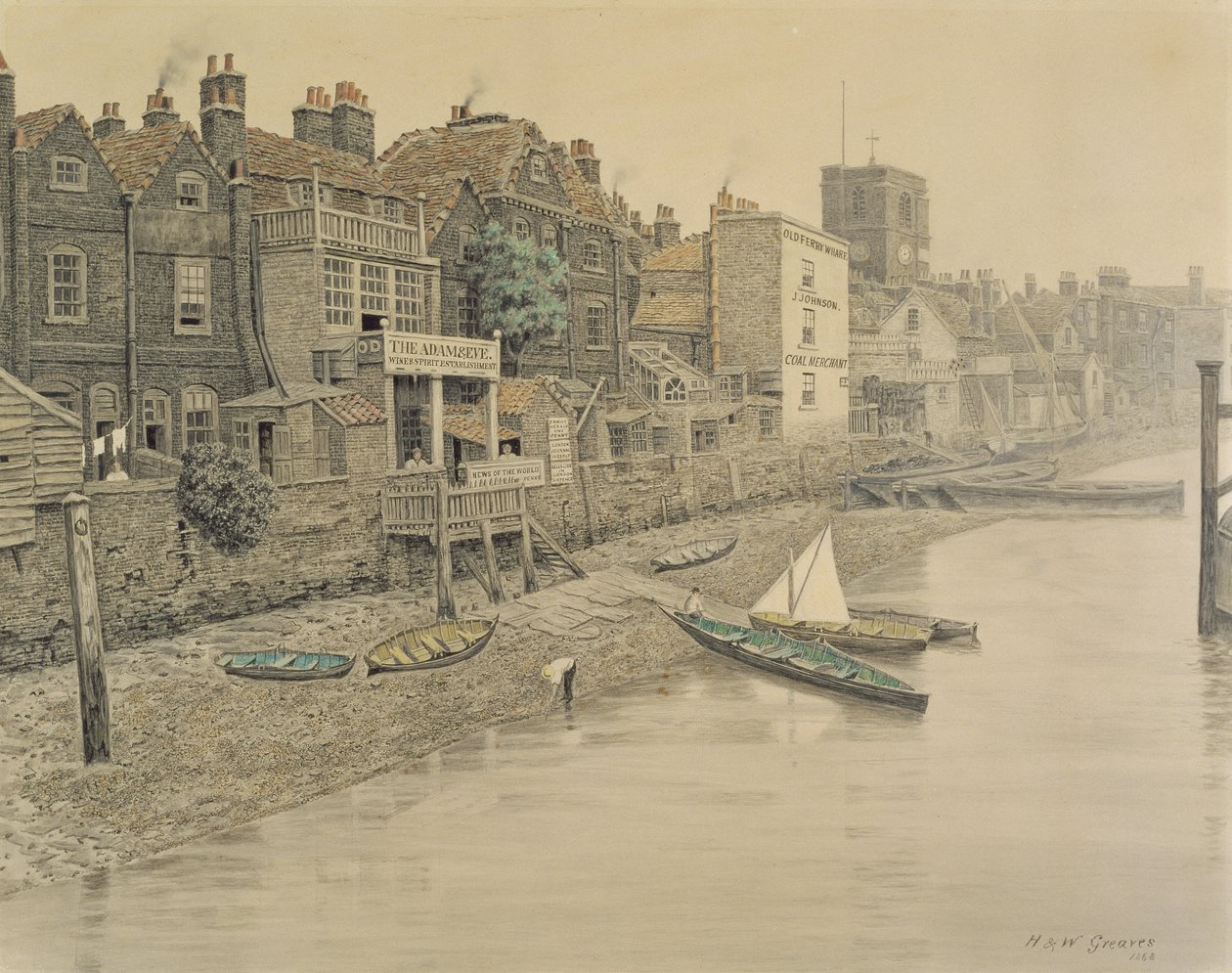 Vista del Támesis Mostrando la Taberna Adam y Eva en Chelsea, 1868 de Walter Greaves