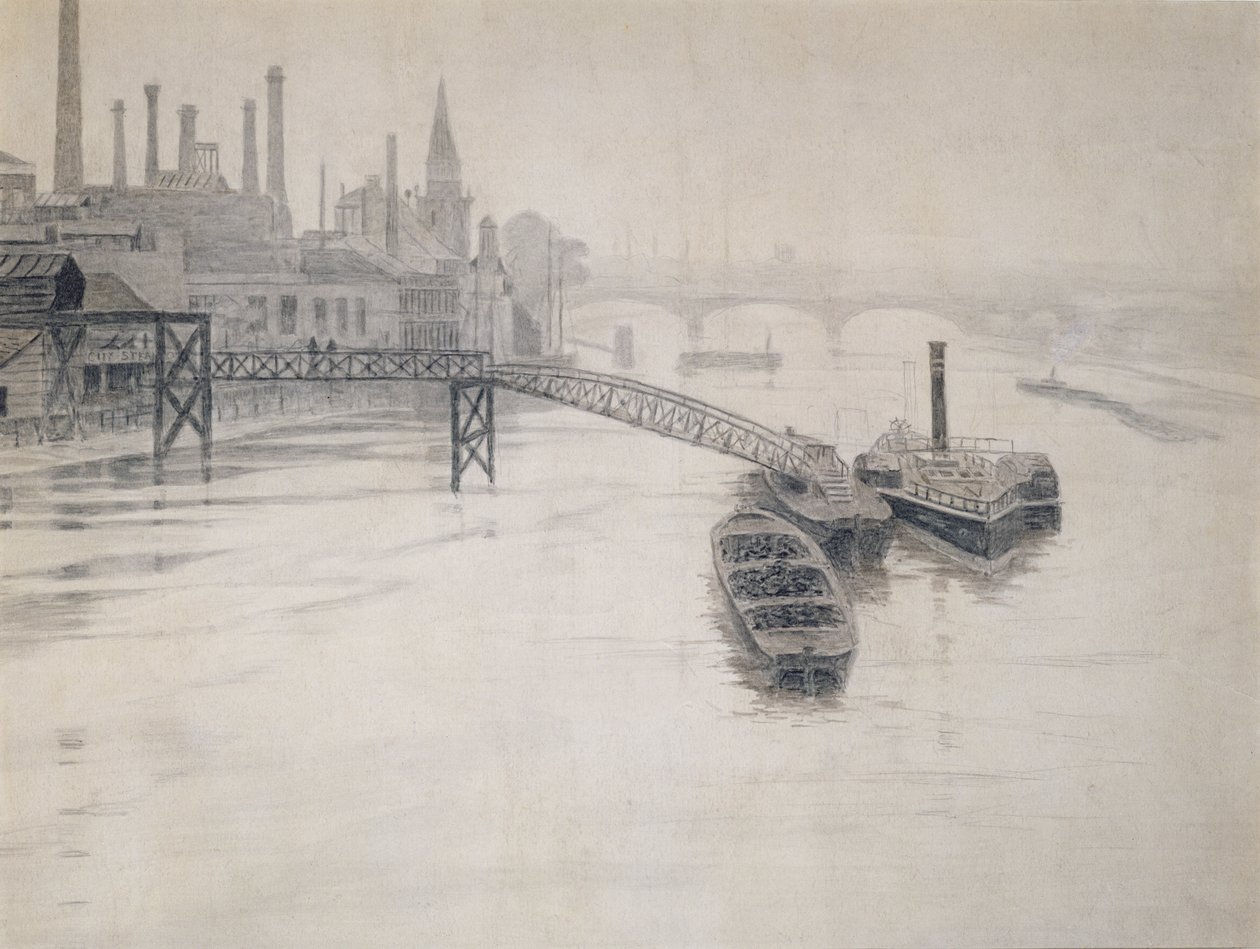 Vista del Támesis, Muelle de la City Stream Company, Estación de Energía de Battersea de Walter Greaves