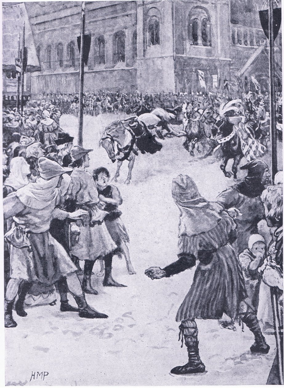 Un incidente en las ceremonias de coronación de Eduardo I en Westminster, de Cassells History of the British People publicado por la Waverley Book Company Limited, c.1940 de Walter Paget