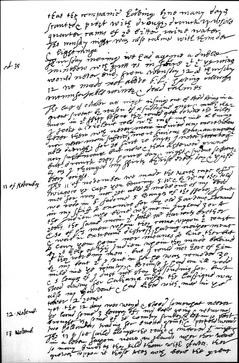 Extracto del diario de Raleigh de su segundo viaje a Guayana, mostrando entradas para el 29, 30 de octubre y 11, 12 y 13 de noviembre, 1617 de Walter Raleigh