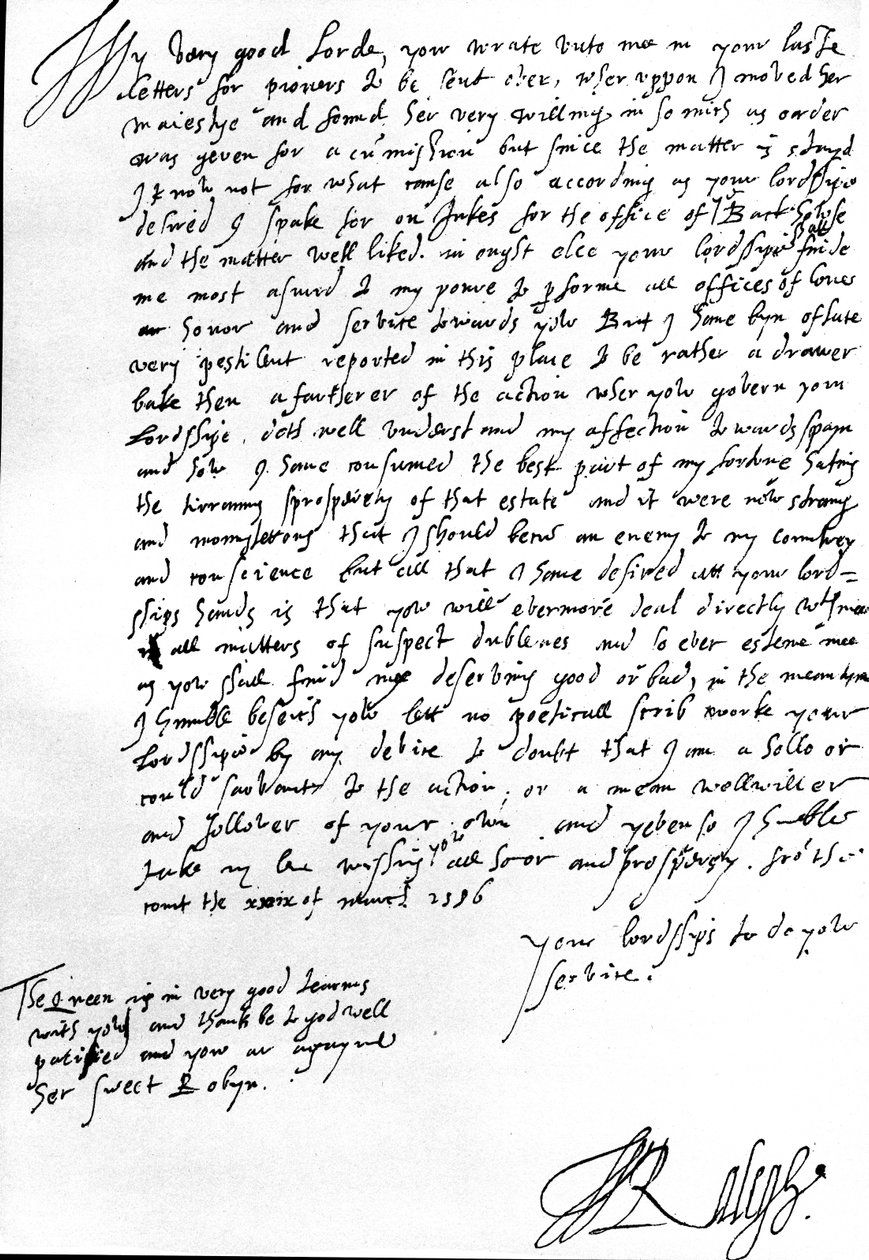 Carta a Robert Dudley, Conde de Leicester, Gobernador de los Países Bajos, sobre su solicitud de pioneros enviados desde Inglaterra, refutando la acusación de Dudley de que Raleigh es demasiado amigable con España de Walter Raleigh