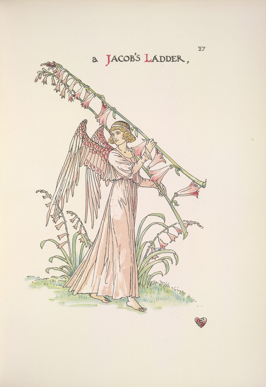 Una escalera de Jacob. Un ángel sosteniendo una escalera hecha de plantas de Walter Crane