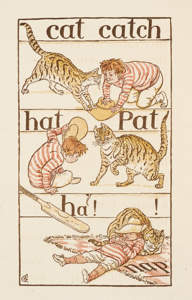 Un niño juega con un gato. Ilustración en "The Golden Primer". de Walter Crane