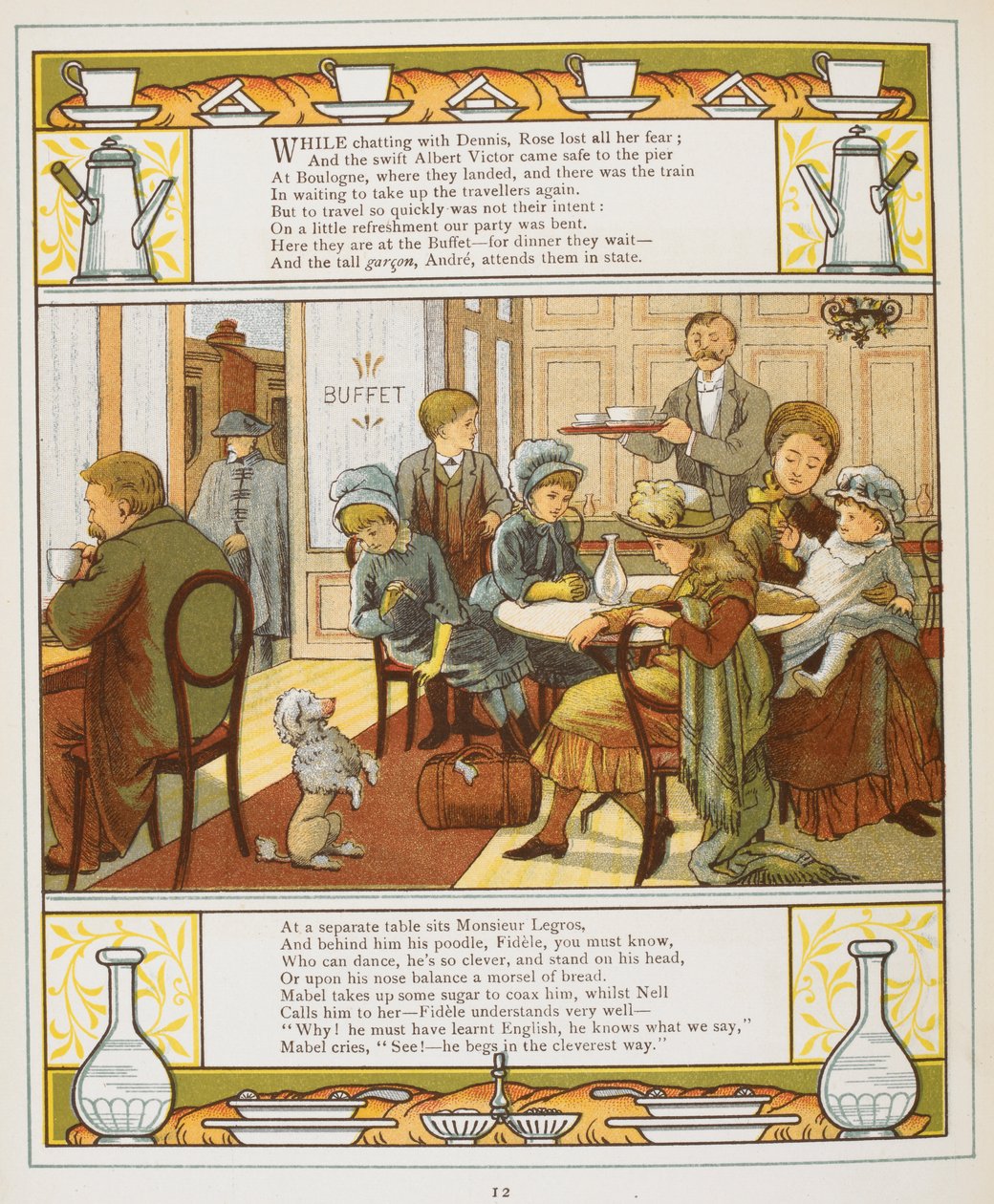 Una familia tomando un refresco en un buffet. Ilustración en color de "Abroad". de Walter Crane