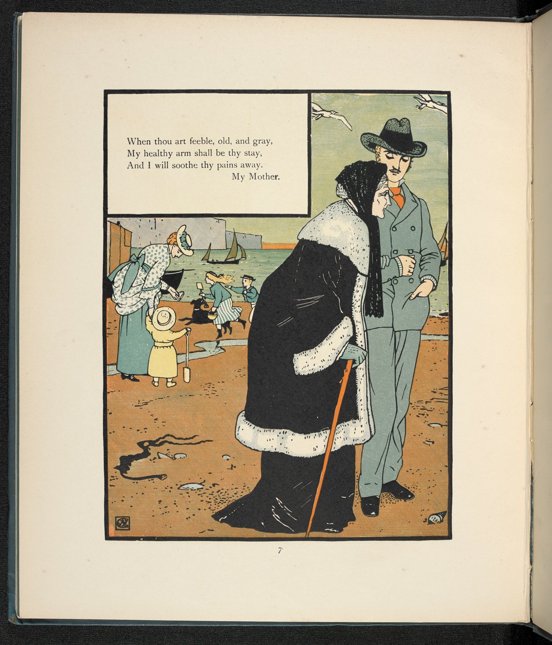 Un hombre con su madre en una playa. de Walter Crane