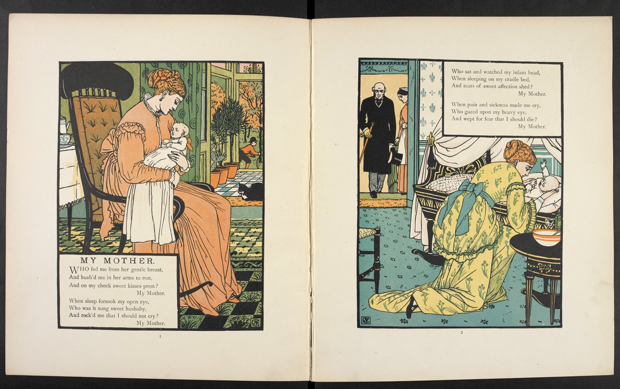 Una madre con su bebé.
Ilustración para el cuento "la madre". de Walter Crane