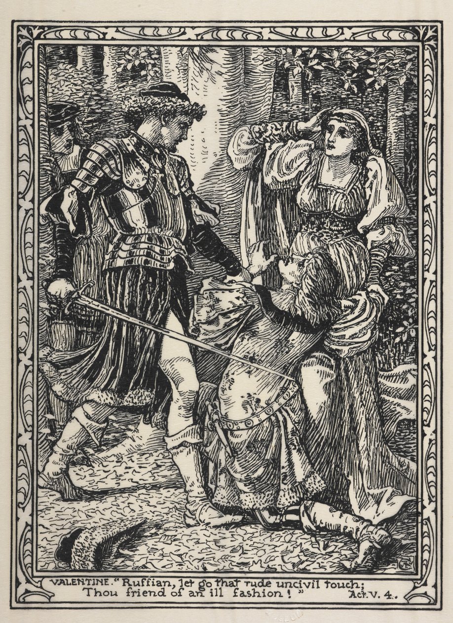 Una escena de "Dos caballeros de Verona". Cuando Silvia grita, Valentín salta furioso de entre los arbustos y maldice a Proteo por su traición. de Walter Crane