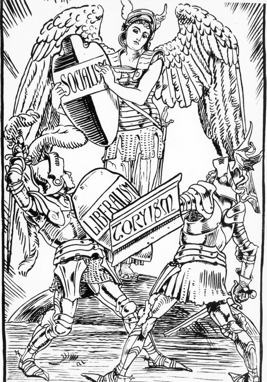 Alegoría de Walter Crane: El socialismo triunfa arduamente en la lucha entre el liberalismo y el toryismo (Partido Conservador Inglés). Grabado de finales del siglo XIX. de Walter Crane