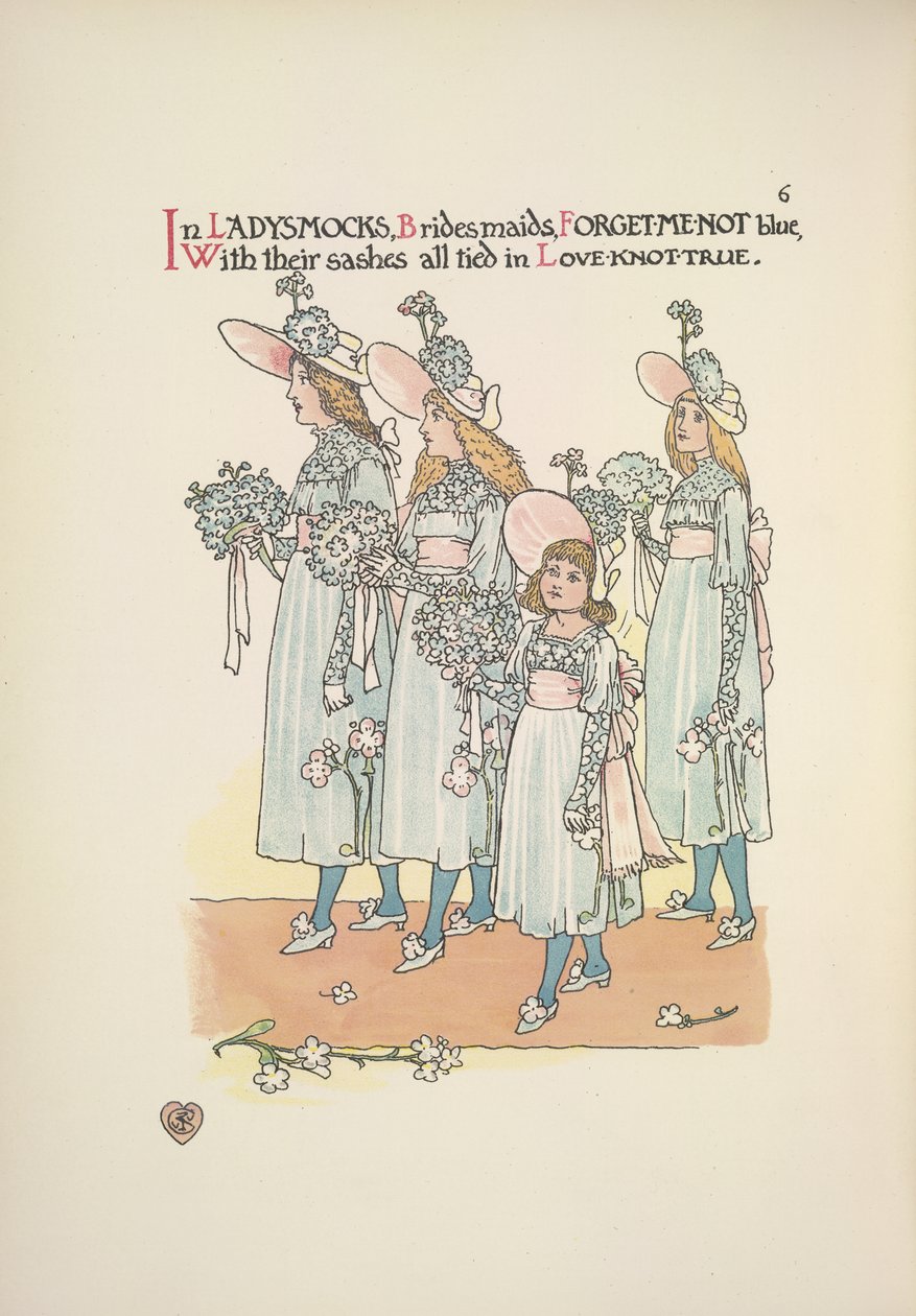 Damas de honor vestidas de azul "Olvídame". de Walter Crane