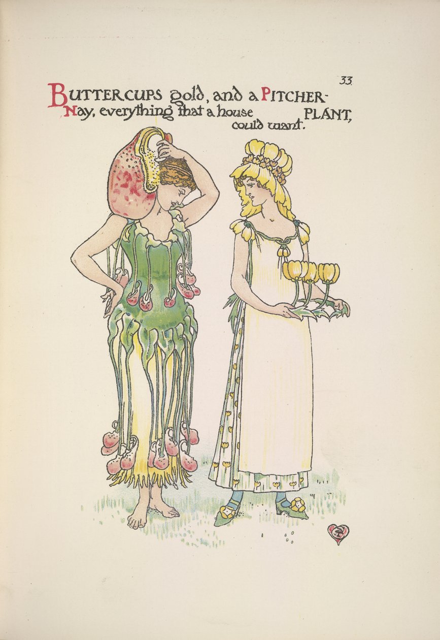 Ranúnculos de oro y planta jarro. Dos mujeres jóvenes de Walter Crane