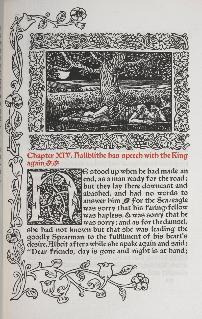 Capítulo XIV. Hallblithe vuelve a hablar con el Rey.
Figura de un hombre durmiendo bajo un árbol. de Walter Crane